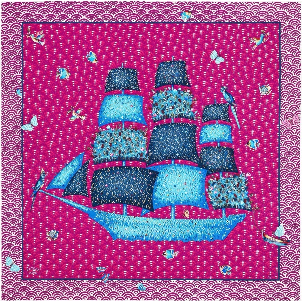 Hermes Carre 90 Silk Scarf | Bateau Fleuri | Violet Fuchsia Turquoise | NWT Box